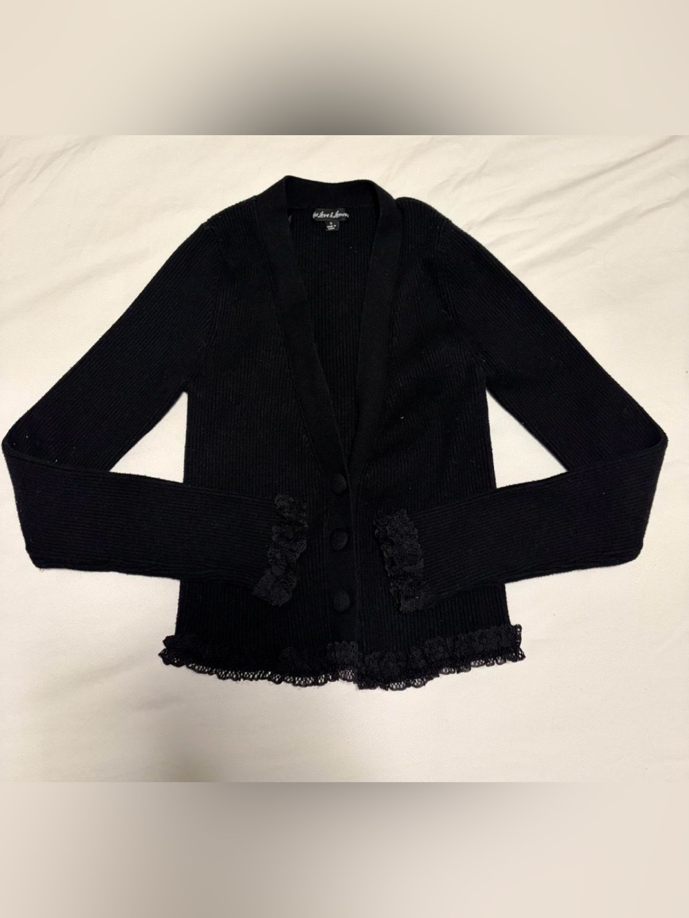 For Love & Lemons Black Ribbed Ruffle-Trim Cardigan - Picture 2 of 3